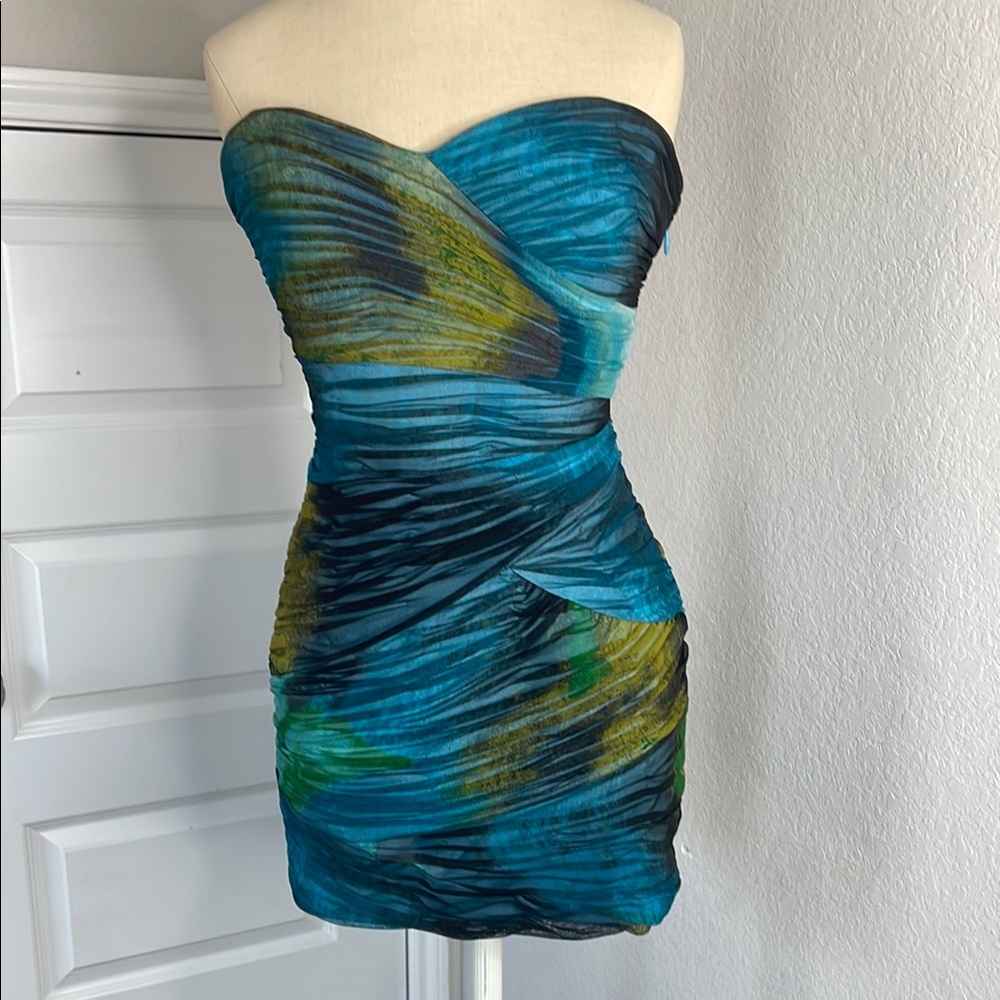 BCBGMaxAzria Strapless Dress in Blue and Green